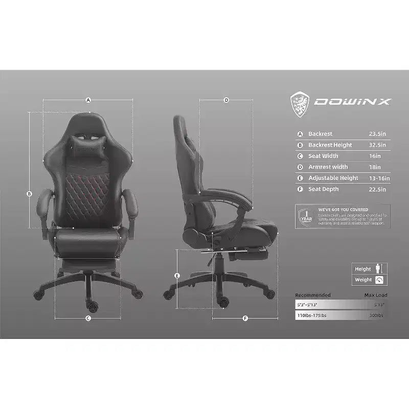 Chaise gaming réglable avec soutien lombaire de massage et repose-pieds rétractable - Dowinx