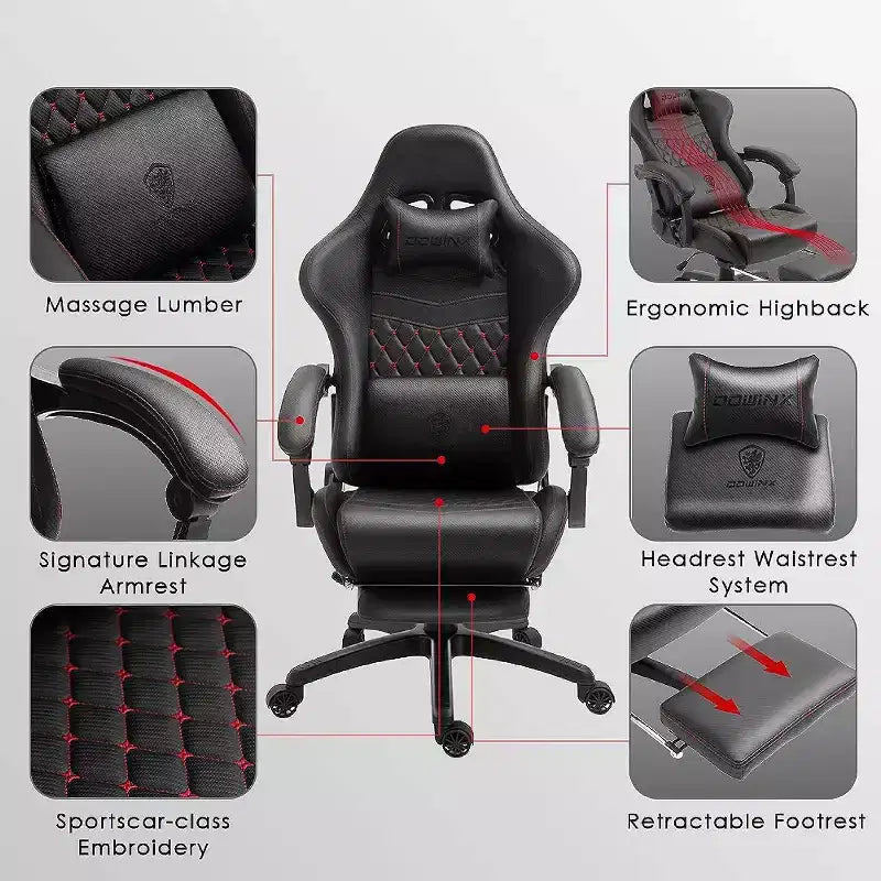 Chaise gaming réglable avec soutien lombaire de massage et repose-pieds rétractable - Dowinx