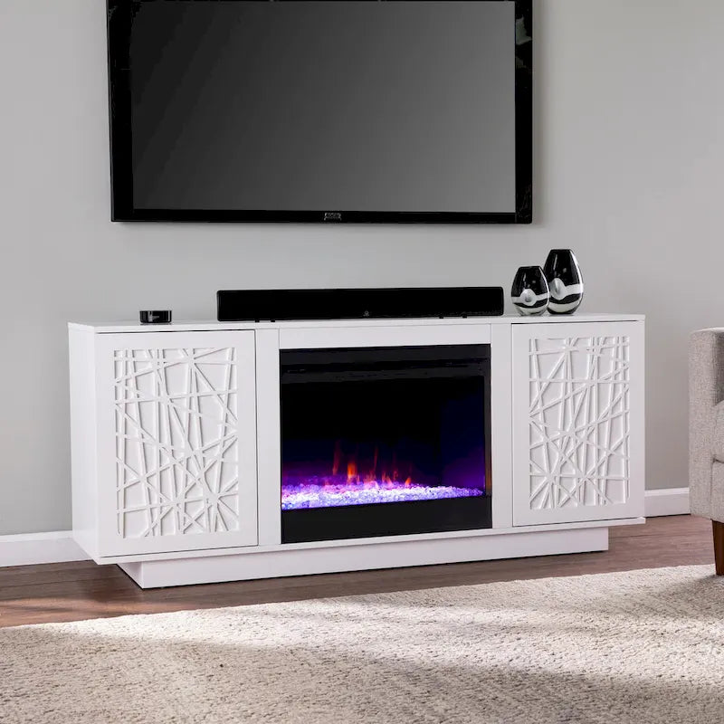 Meuble TV multimédia à cheminée électrique changeant de couleur SEI Furniture Delauro avec rangement