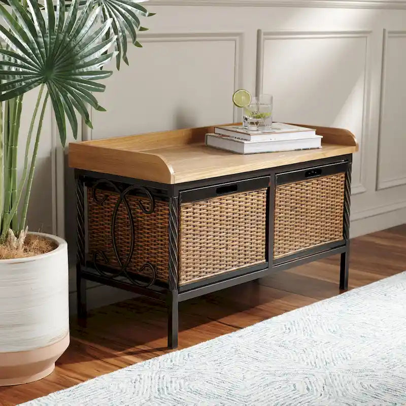Banc de rangement SAFAVIEH Vasilija en étain antique/frêne clair – 33 x 15.7 x 20 – 33Lx16Px20H