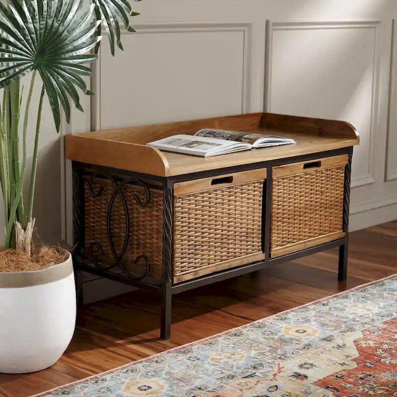 Banc de rangement SAFAVIEH Vasilija en étain antique/frêne clair – 33 x 15.7 x 20 – 33Lx16Px20H