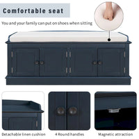 Banc de rangement 4 portes avec étagères réglables et coussin amovible (Bleu marine antique)