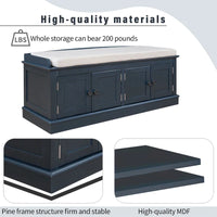 Banc de rangement 4 portes avec étagères réglables et coussin amovible (Bleu marine antique)