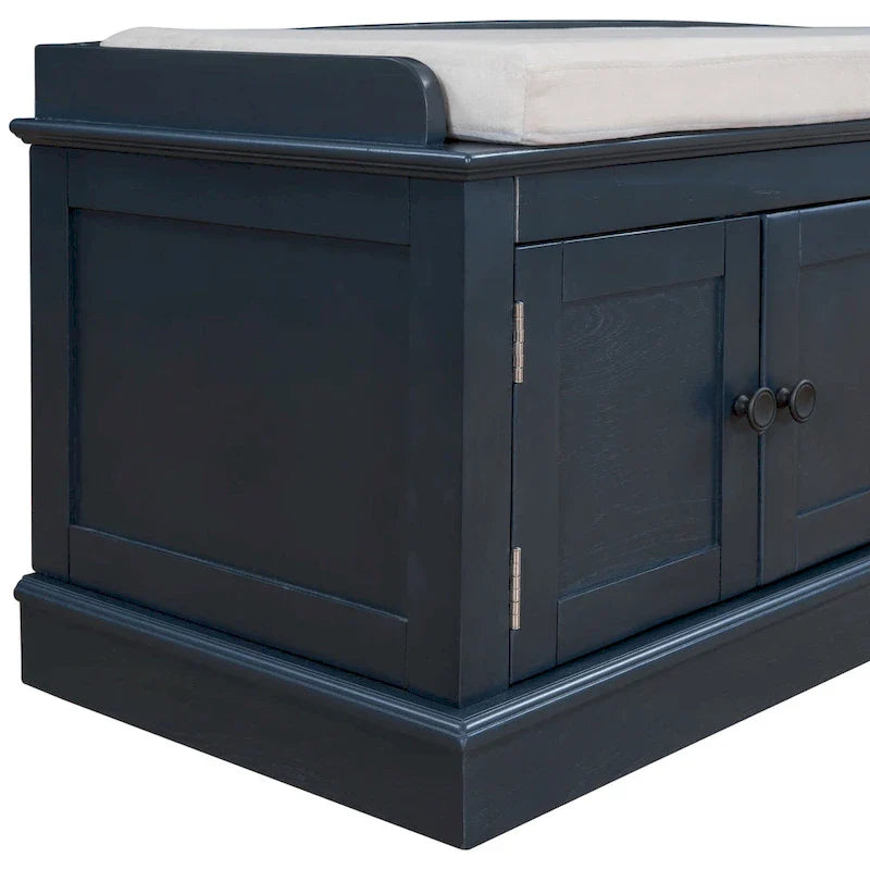 Banc de rangement 4 portes avec étagères réglables et coussin amovible (Bleu marine antique)