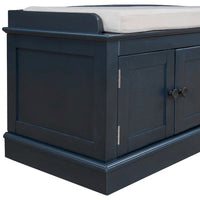 Banc de rangement 4 portes avec étagères réglables et coussin amovible (Bleu marine antique)