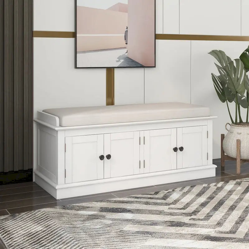 Banc de rangement 4 portes avec étagères réglables et coussin amovible (Bleu marine antique)
