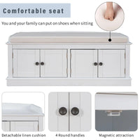 Banc de rangement 4 portes avec étagères réglables et coussin amovible (Bleu marine antique)