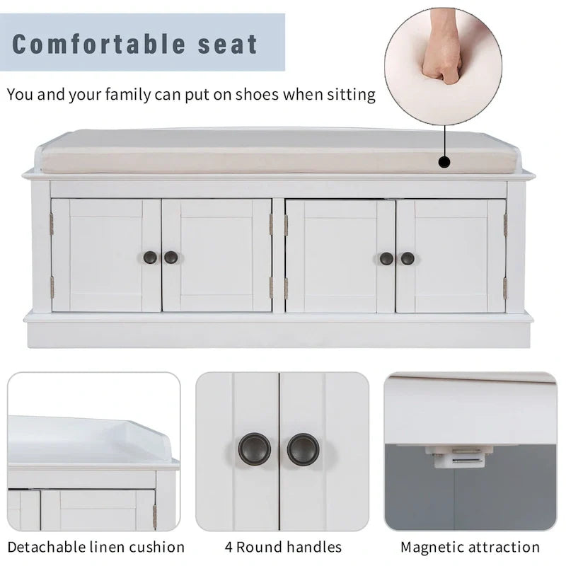 Banc de rangement 4 portes avec étagères réglables et coussin amovible (Bleu marine antique)