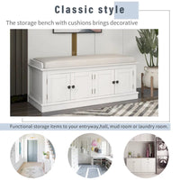Banc de rangement 4 portes avec étagères réglables et coussin amovible (Bleu marine antique)