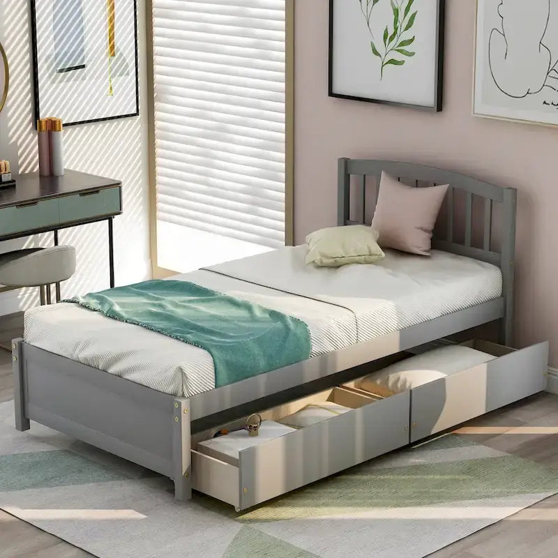 Lit plateforme coffre en bois avec tiroirs, taille Twin