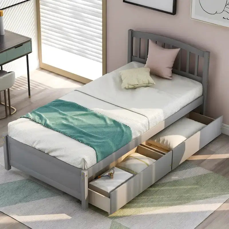Lit plateforme coffre en bois avec tiroirs, taille Twin
