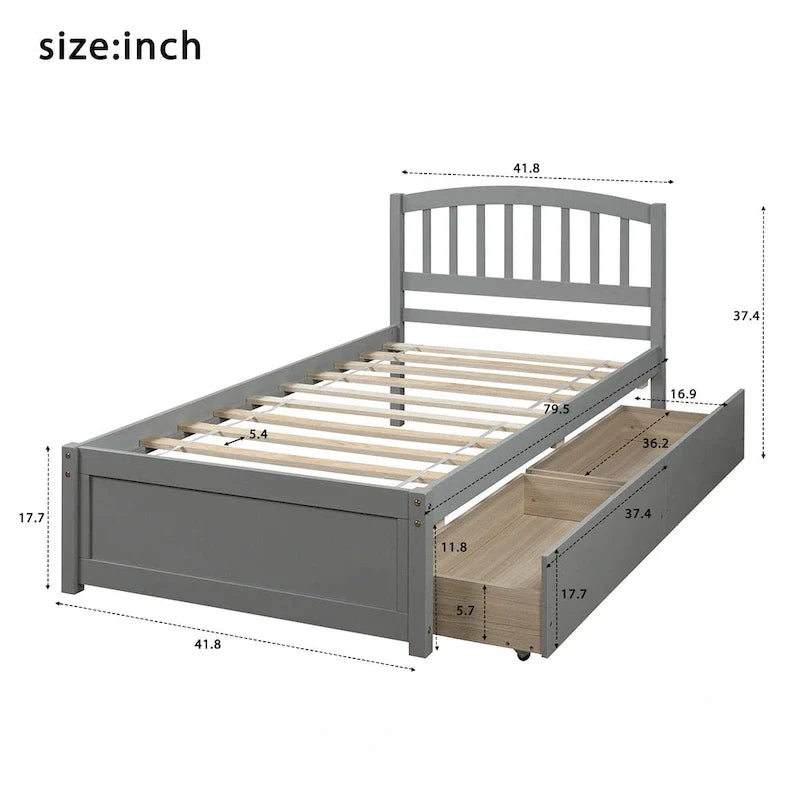 Lit plateforme coffre en bois avec tiroirs, taille Twin