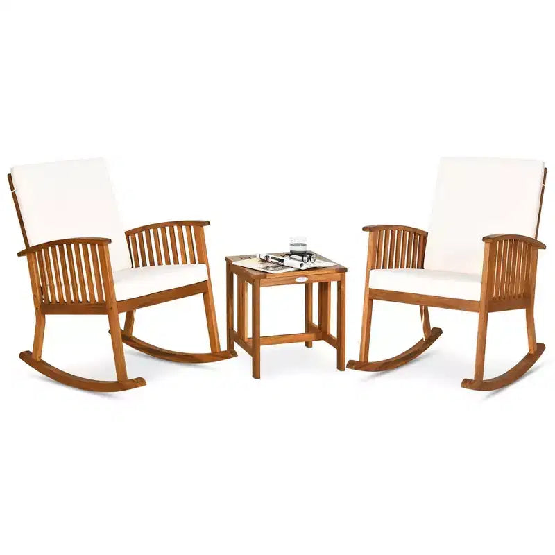 Costway Ensemble bistro à bascule 3 pièces en bois d'acacia avec table basse et coussins pour pelouse