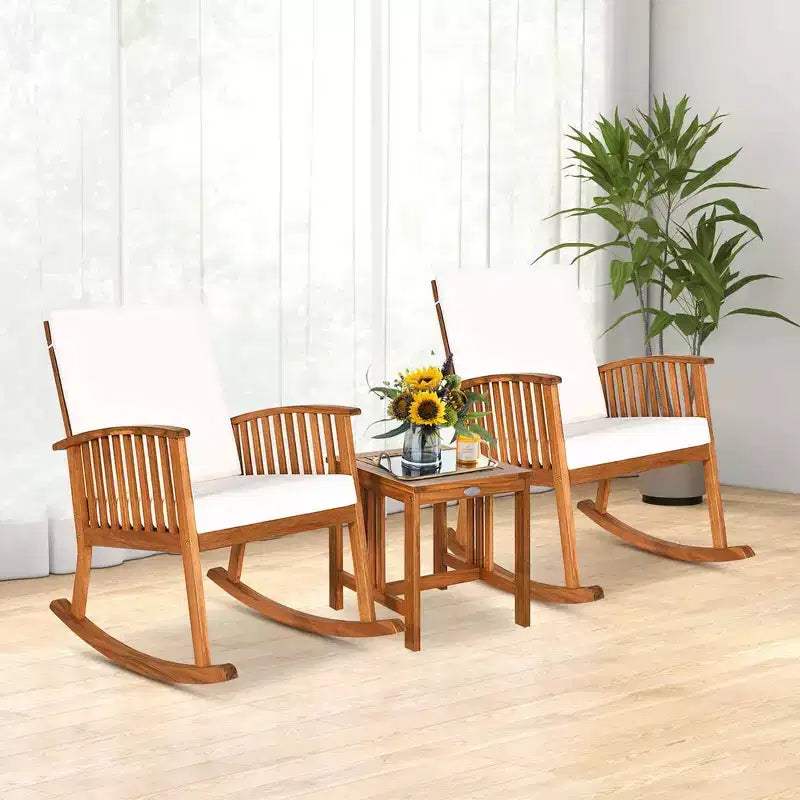 Costway Ensemble bistro à bascule 3 pièces en bois d'acacia avec table basse et coussins pour pelouse
