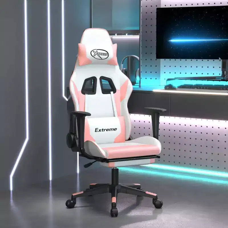 Chaise gaming vidaXL avec repose-pieds, blanc et rose, similicuir