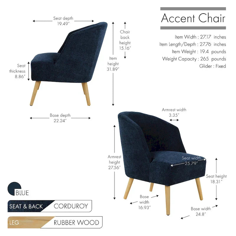 Fauteuil d'appoint en velours côtelé Quilla de Porthos Home avec pieds en bois d'hévéa