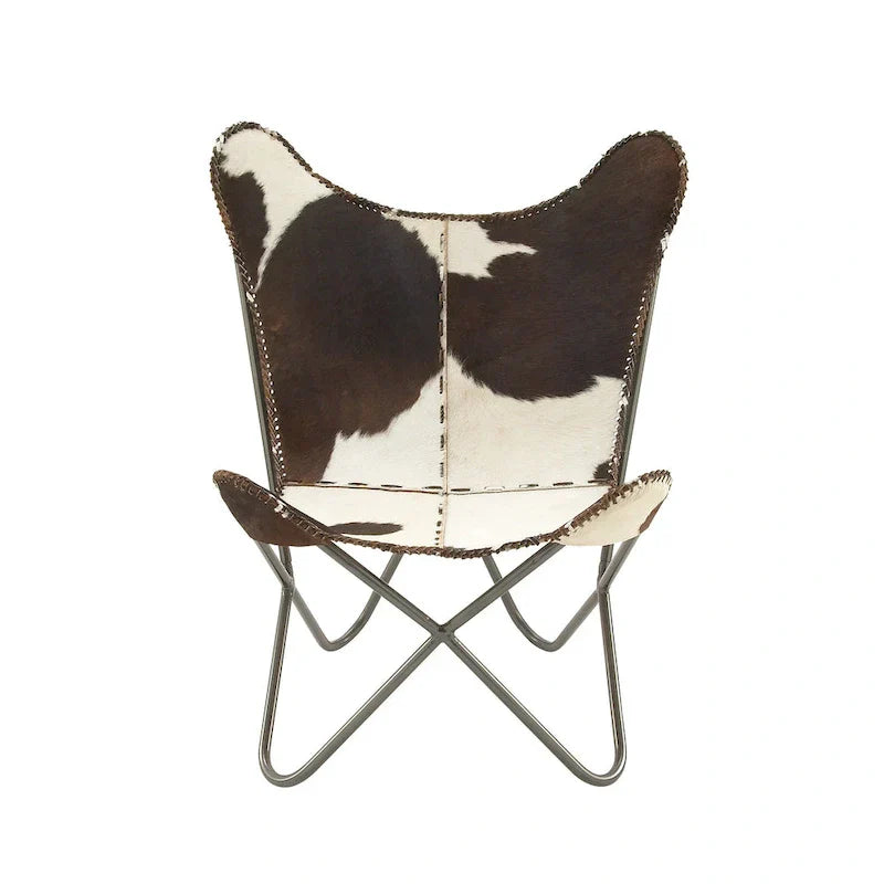 Fauteuil papillon fait main en cuir blanc, gris, marron, marron clair ou beige marron avec support noir