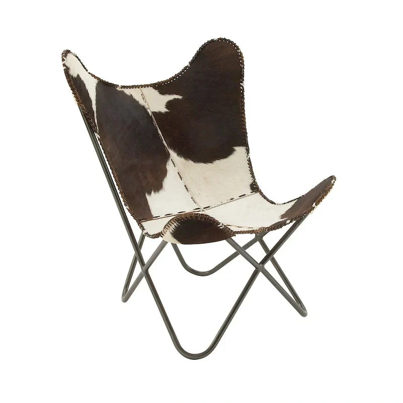 Fauteuil Papillon Fait Main en Cuir Blanc, Gris, Marron, Marron Clair ou Marron Beige avec Support Noir