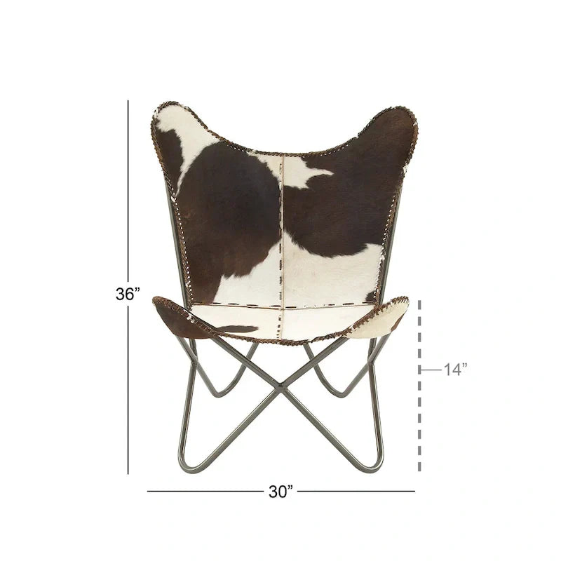 Fauteuil papillon fait main en cuir blanc, gris, marron, marron clair ou beige marron avec support noir