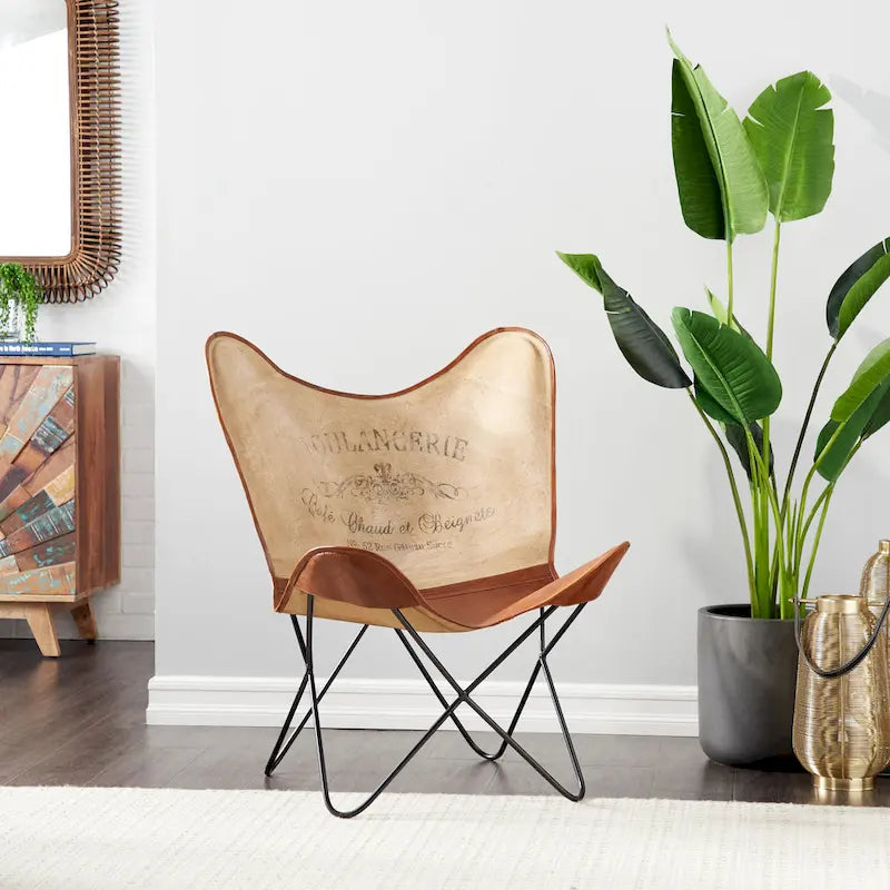 Fauteuil papillon fait main en cuir blanc, gris, marron, marron clair ou beige marron avec support noir