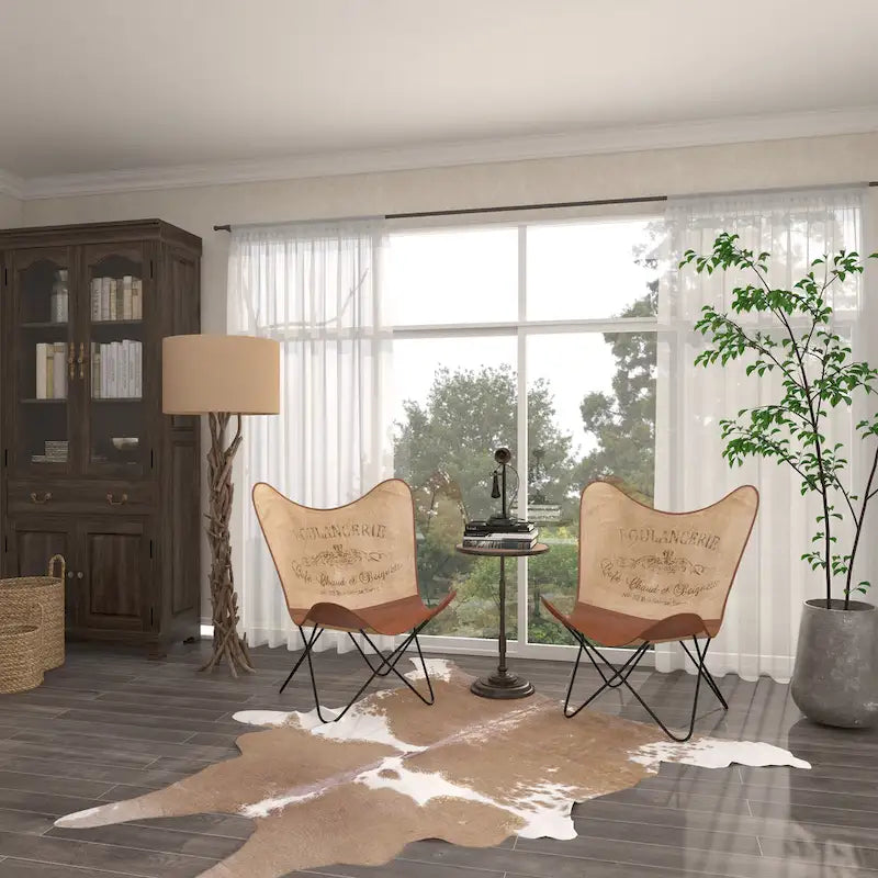 Fauteuil papillon fait main en cuir blanc, gris, marron, marron clair ou beige marron avec support noir