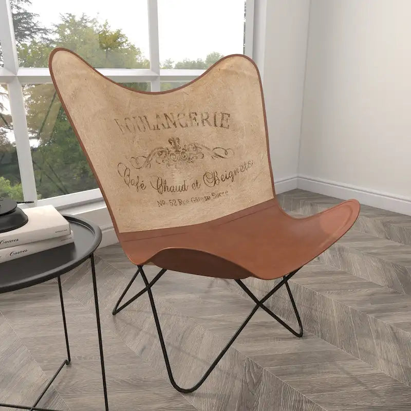 Fauteuil papillon fait main en cuir blanc, gris, marron, marron clair ou beige marron avec support noir