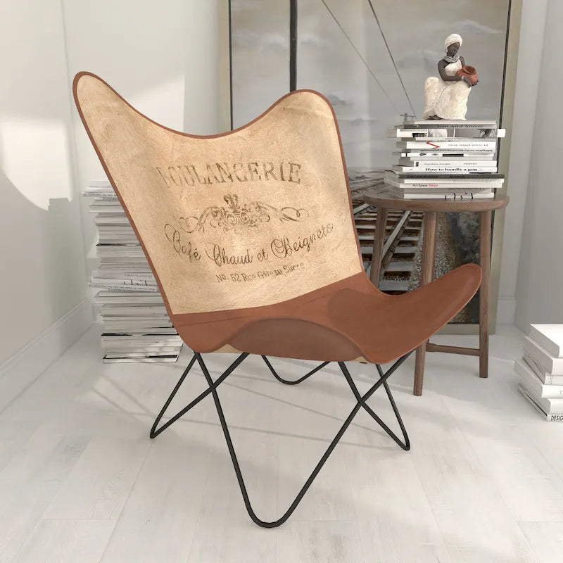 Fauteuil papillon fait main en cuir blanc, gris, marron, marron clair ou beige marron avec support noir