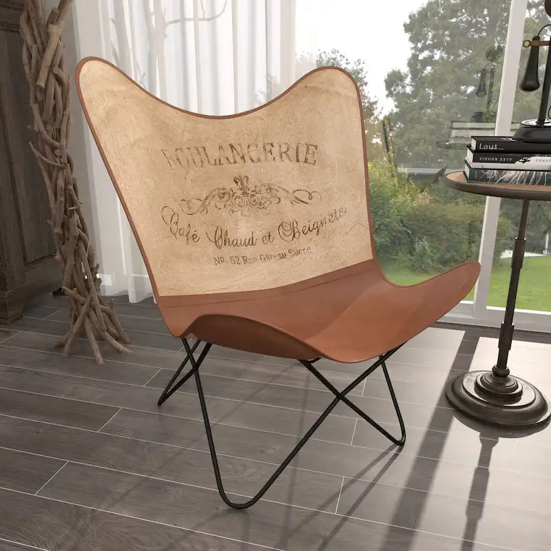 Fauteuil Papillon Fait Main en Cuir Blanc, Gris, Marron, Marron Clair ou Marron Beige avec Support Noir