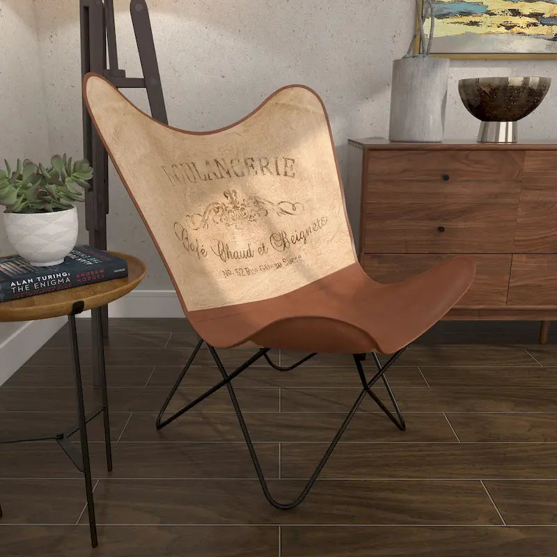 Fauteuil papillon fait main en cuir blanc, gris, marron, marron clair ou beige marron avec support noir