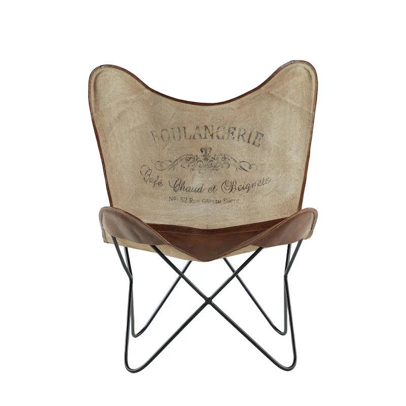 Fauteuil papillon fait main en cuir blanc, gris, marron, marron clair ou beige marron avec support noir