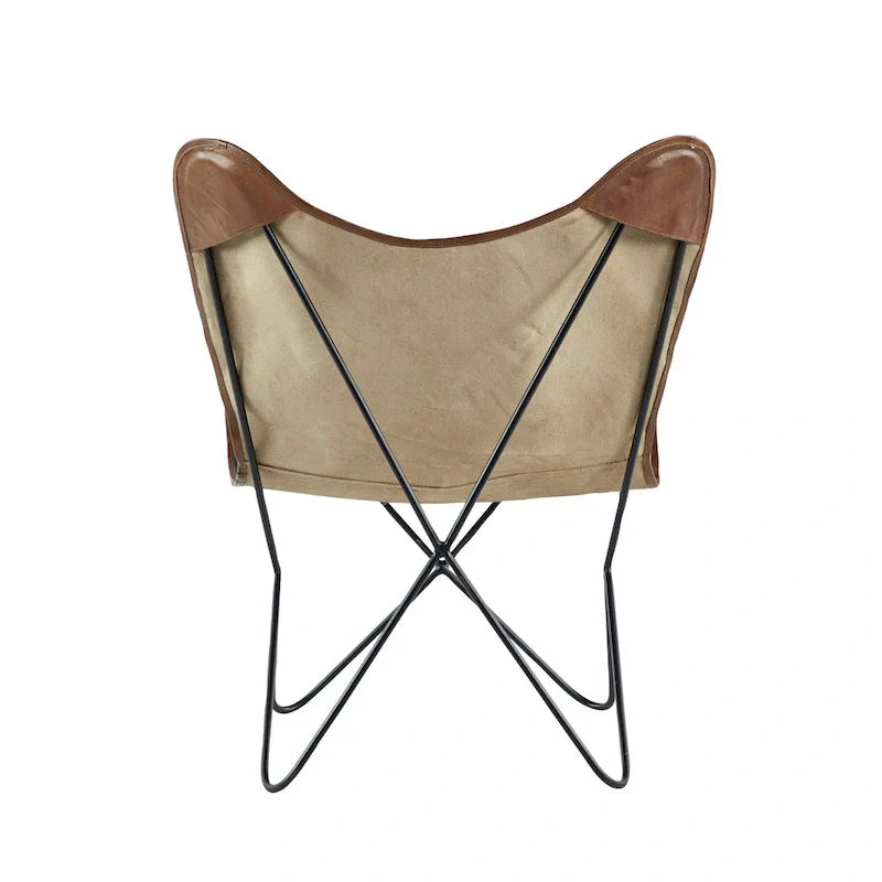 Fauteuil papillon fait main en cuir blanc, gris, marron, marron clair ou beige marron avec support noir