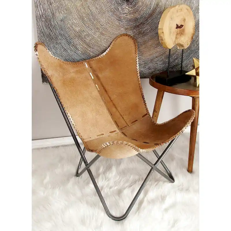 Fauteuil papillon fait main en cuir blanc, gris, marron, marron clair ou beige marron avec support noir