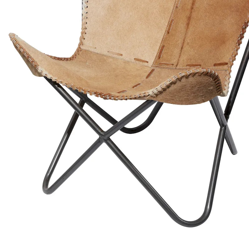 Fauteuil Papillon Fait Main en Cuir Blanc, Gris, Marron, Marron Clair ou Marron Beige avec Support Noir