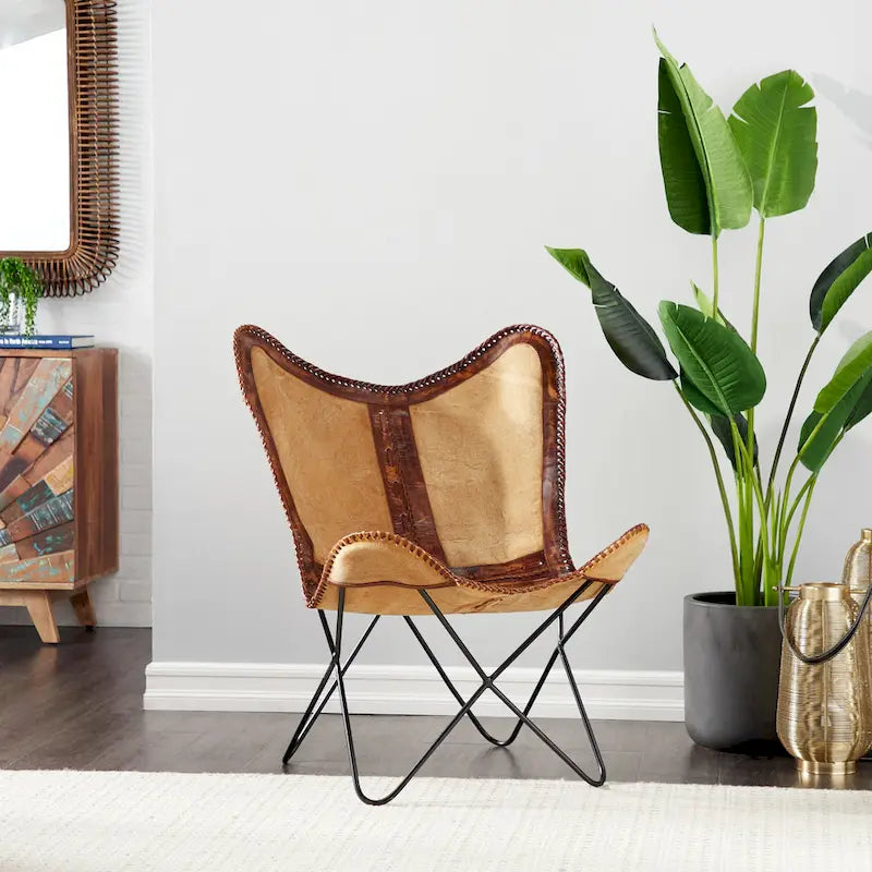 Fauteuil papillon fait main en cuir blanc, gris, marron, marron clair ou beige marron avec support noir