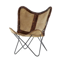 Fauteuil papillon fait main en cuir blanc, gris, marron, marron clair ou beige marron avec support noir