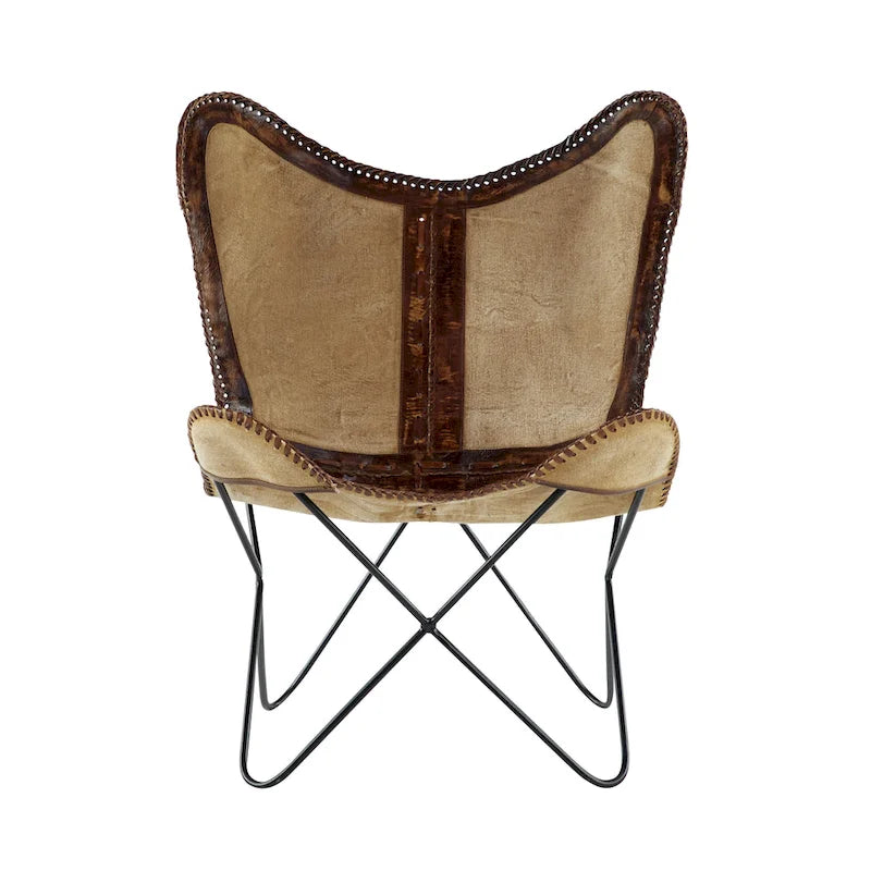 Fauteuil papillon fait main en cuir blanc, gris, marron, marron clair ou beige marron avec support noir