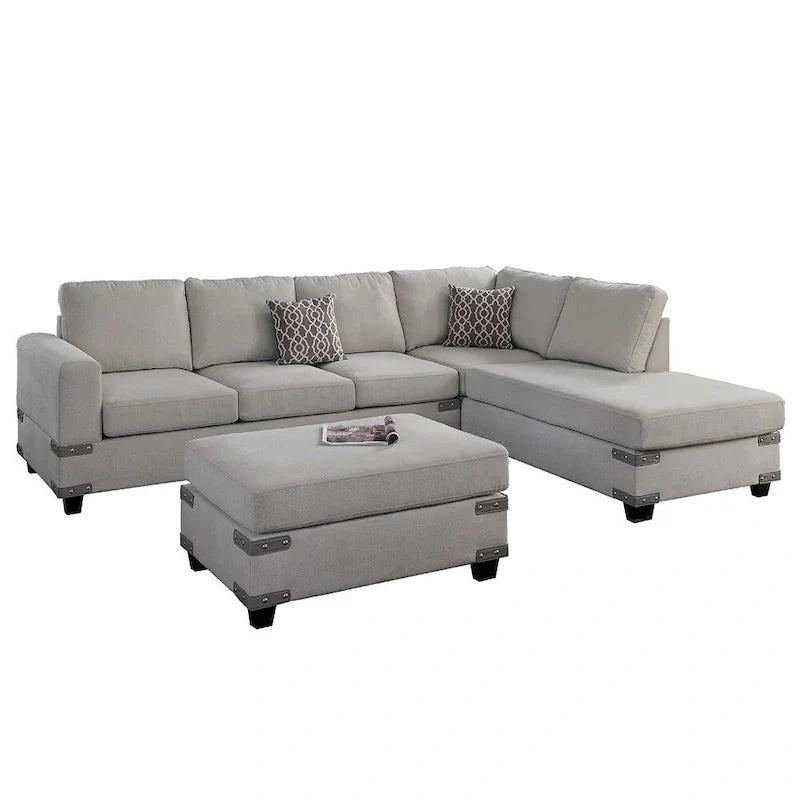 Poundex Ensemble de canapé sectionnel 3 pièces en tissu avec ottoman