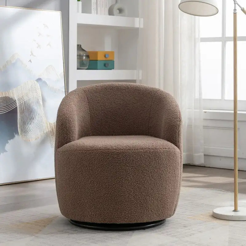 Fauteuil d'appoint tonneau pivotant en tissu Teddy avec anneau métallique thermolaqué