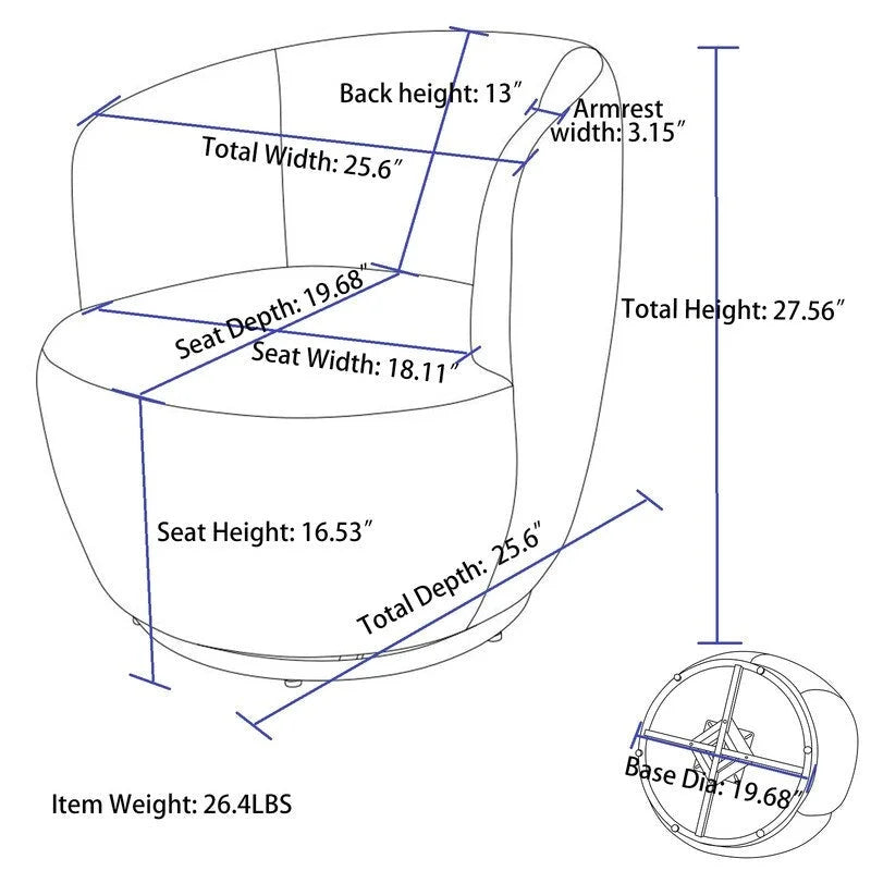 Fauteuil d'appoint tonneau pivotant en tissu Teddy avec anneau métallique thermolaqué