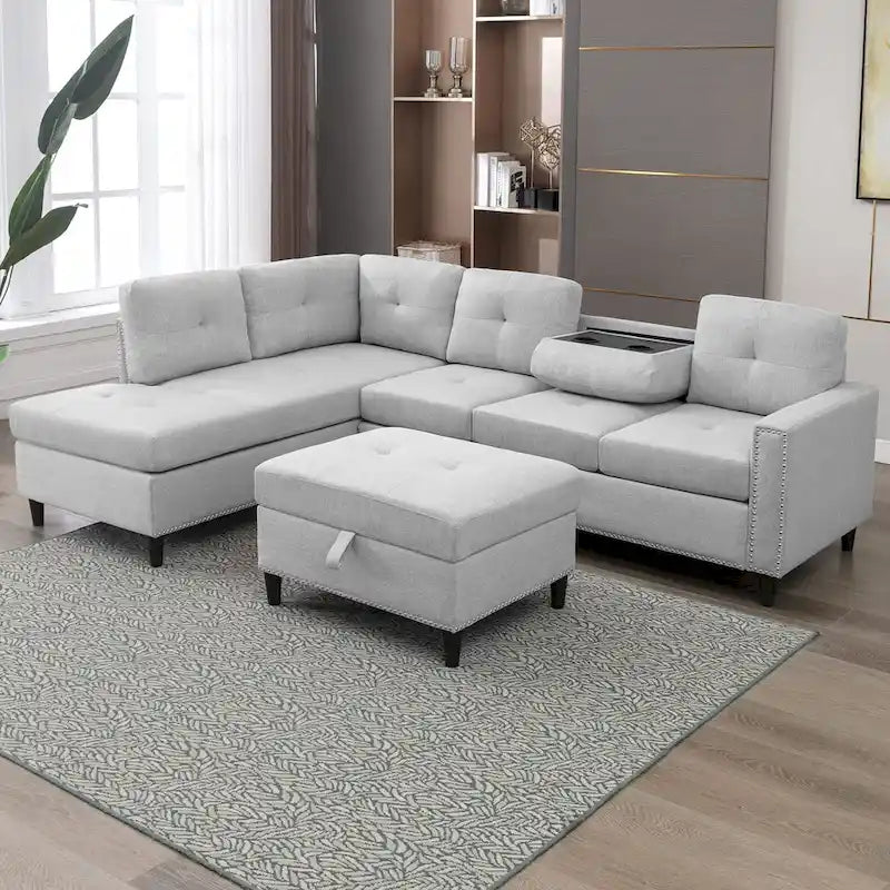 Mixoy Canapé sectionnel en forme de L avec 2 porte-gobelets, ottoman de rangement