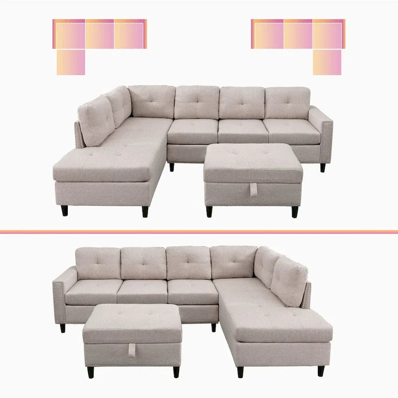 Mixoy Canapé sectionnel en forme de L avec 2 porte-gobelets, ottoman de rangement