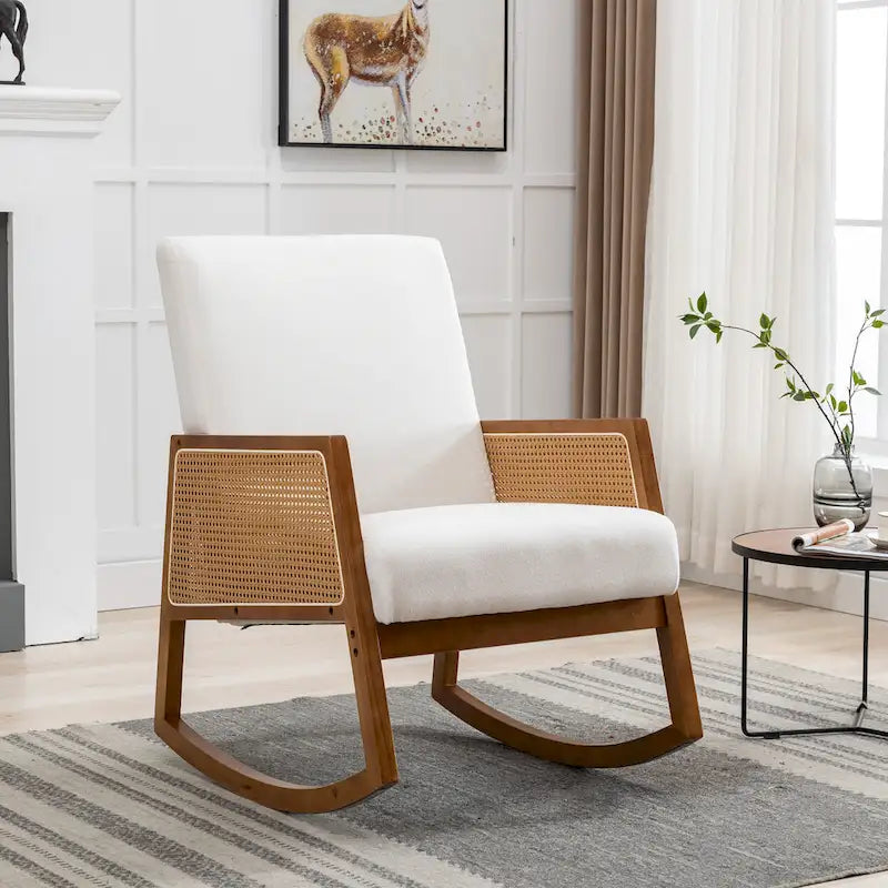 Fauteuil à bascule moderne SEYNAR en cuir PU avec accoudoirs en rotin