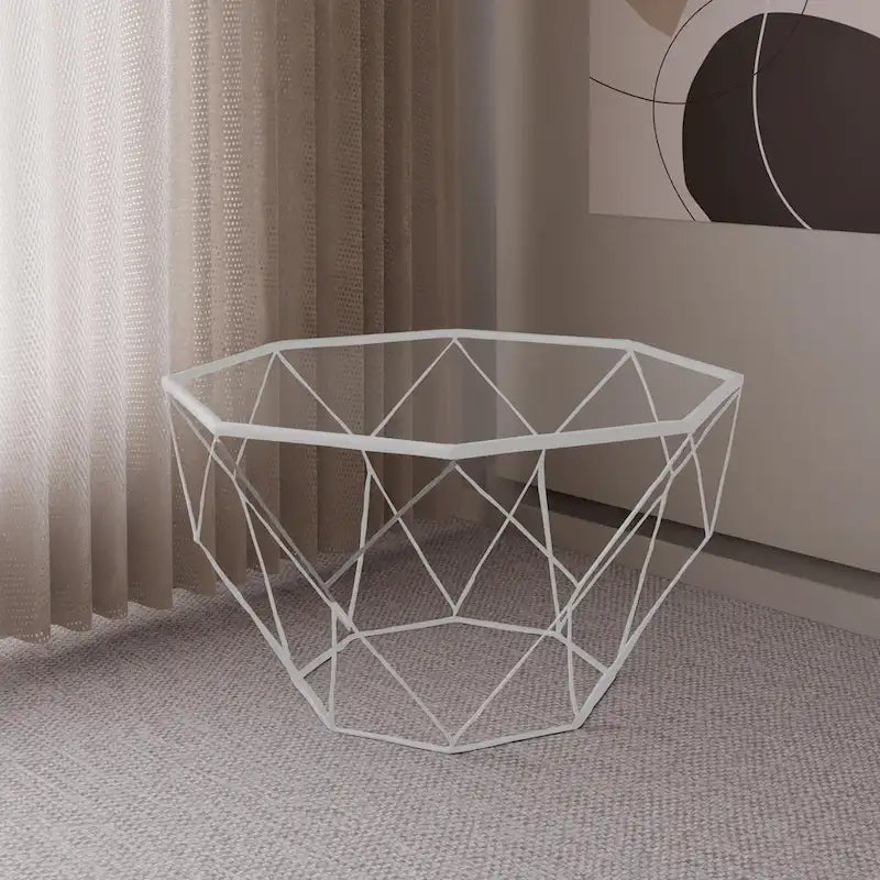 Table basse octogonale moderne Malibu 29 avec plateau en verre trempé et base géométrique en métal robuste pour salon et bureau
