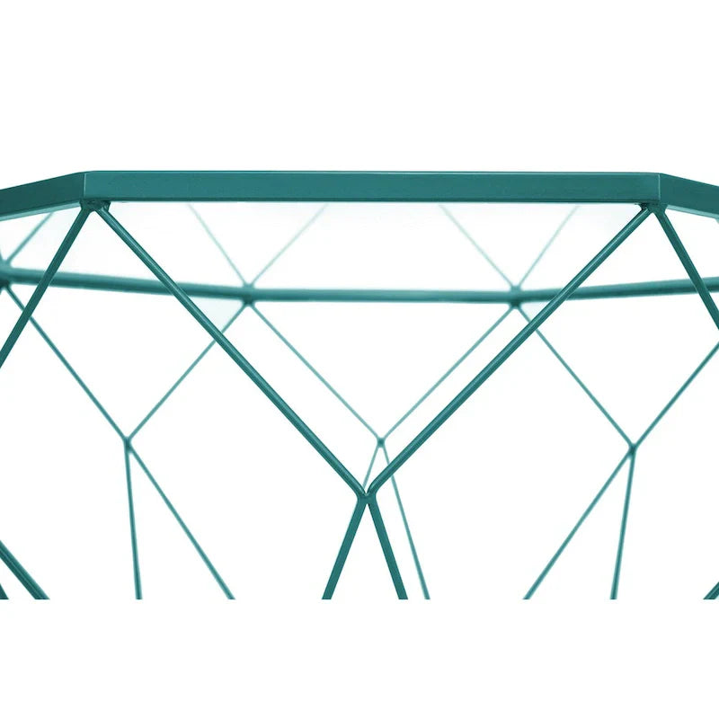 Table basse octogonale moderne Malibu 29 avec plateau en verre trempé et base géométrique en métal robuste pour salon et bureau