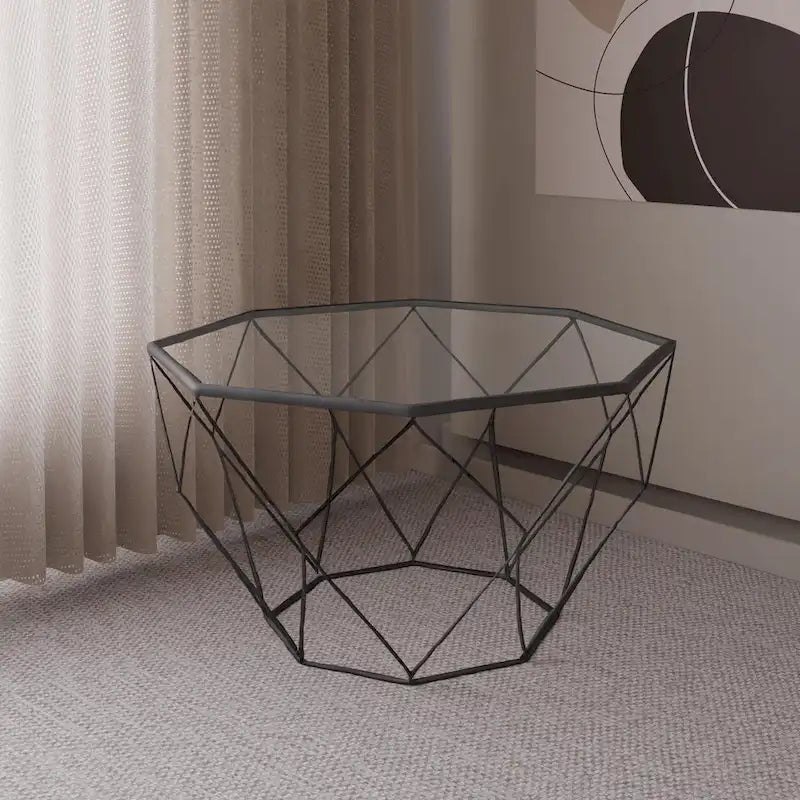 Table basse octogonale moderne Malibu 29 avec plateau en verre trempé et base géométrique en métal robuste pour salon et bureau