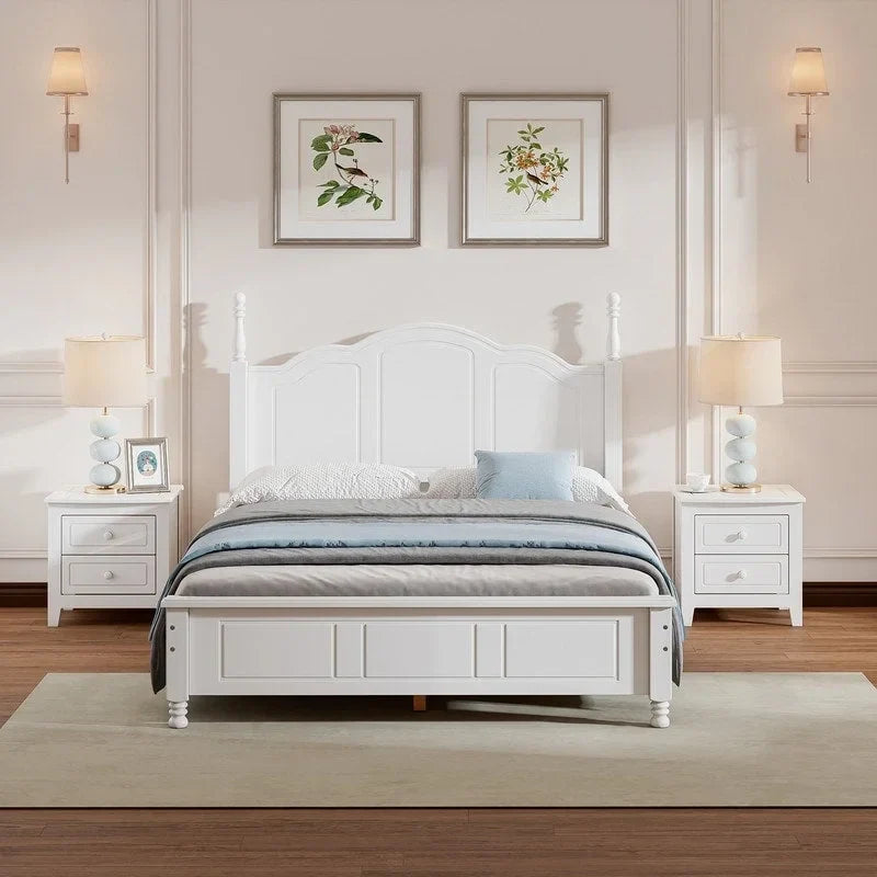 Ensemble de lit plateforme en bois au design rétro Queen/Full avec 2 tables de chevet, 3 pièces