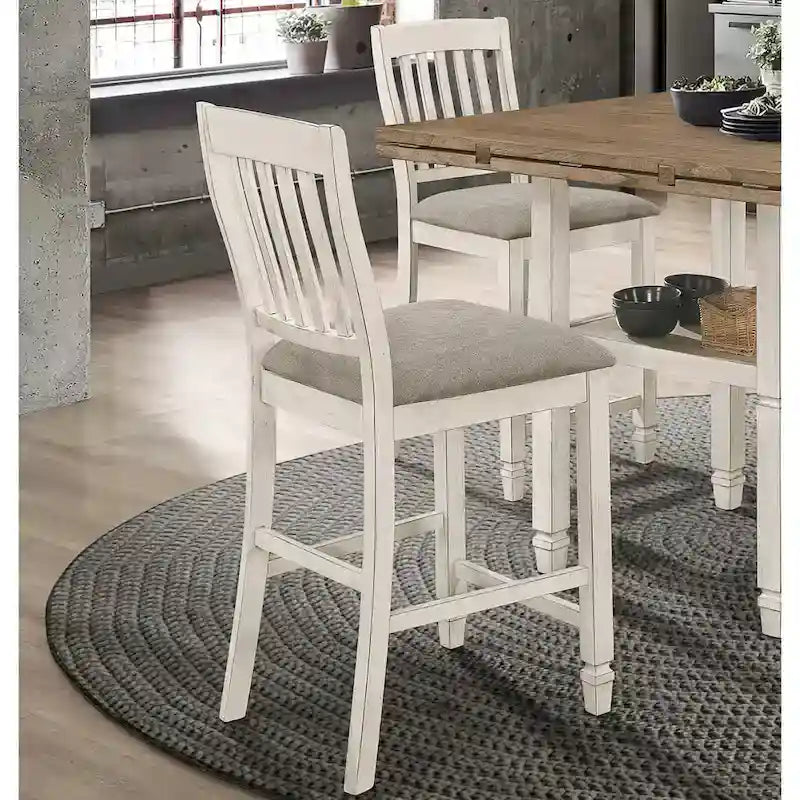 Tabourets de salle à manger hauteur comptoir style ferme en bois massif à dossier à lattes avec assise rembourrée (lot de 2)