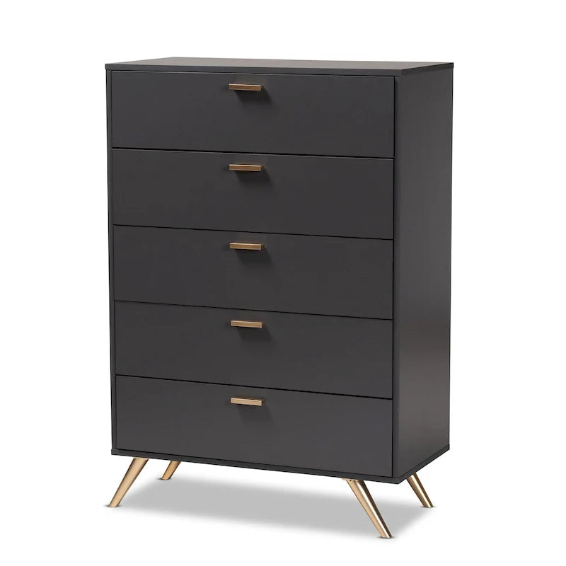 Commode Kelson moderne à 5 tiroirs en bois fini gris foncé et doré