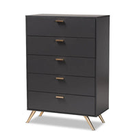 Commode Kelson moderne à 5 tiroirs en bois fini gris foncé et doré