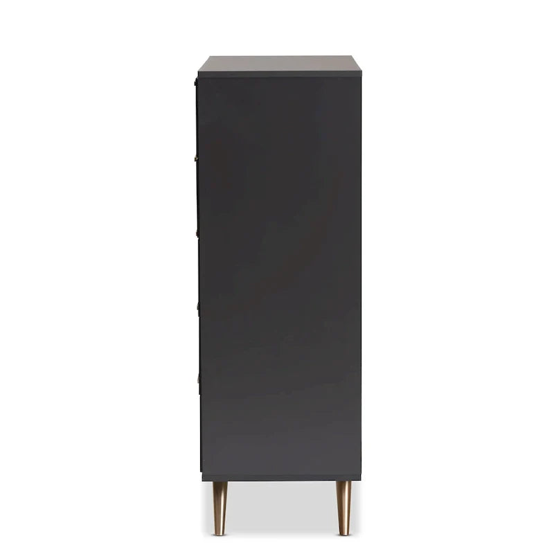 Commode Kelson moderne à 5 tiroirs en bois fini gris foncé et doré